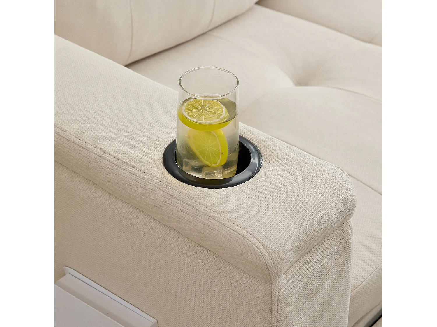 Canapé convertible 3 places - 208 x 146 x 89.5 cm - avec rangement intégré + Leds - Tissu - beige