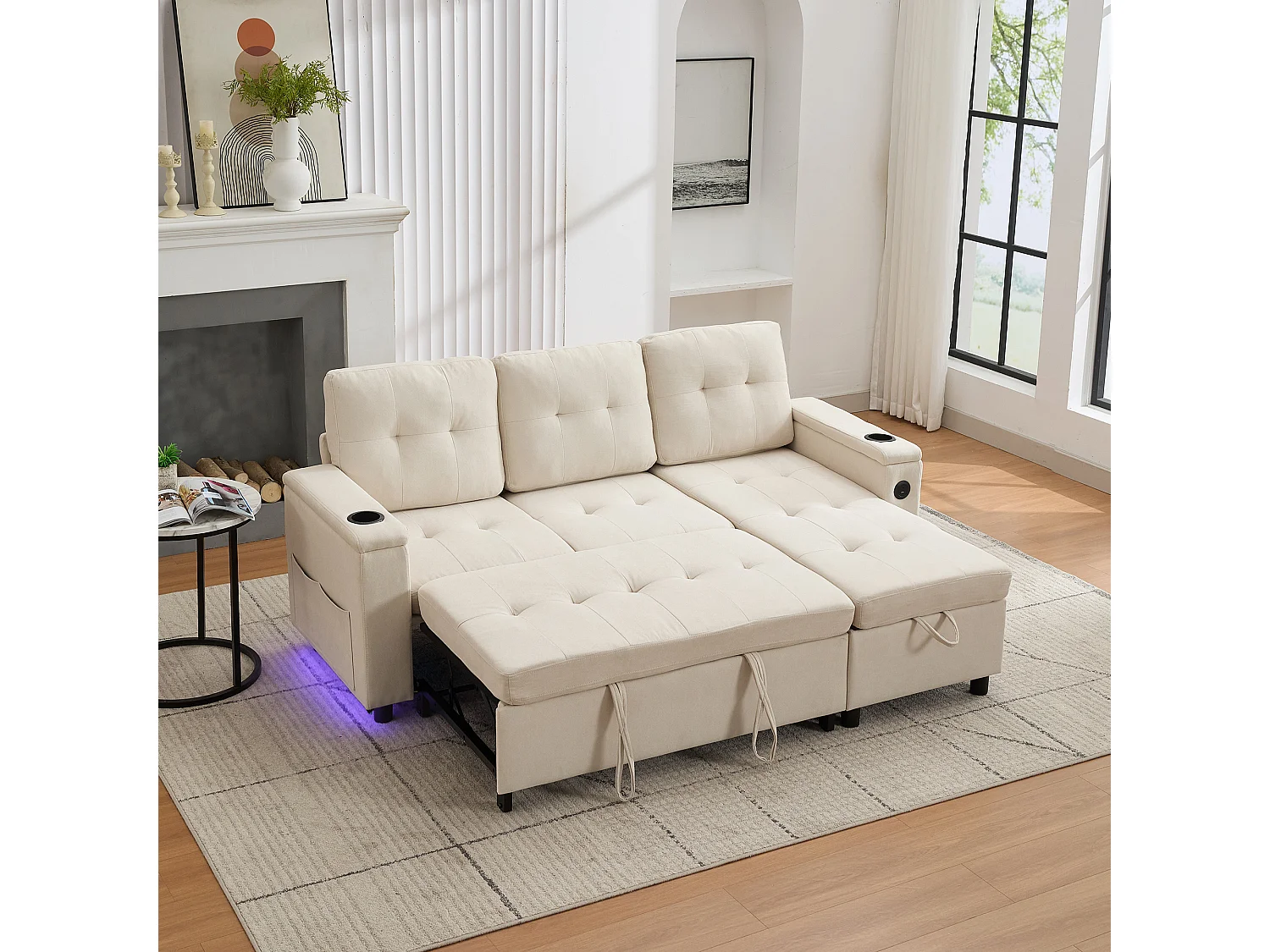 Canapé convertible 3 places - 208 x 146 x 89.5 cm - avec rangement intégré + Leds - Tissu - beige