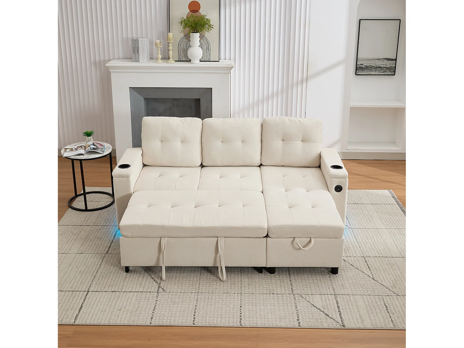 Canapé convertible 3 places - 208 x 146 x 89.5 cm - avec rangement intégré + Leds - Tissu - beige