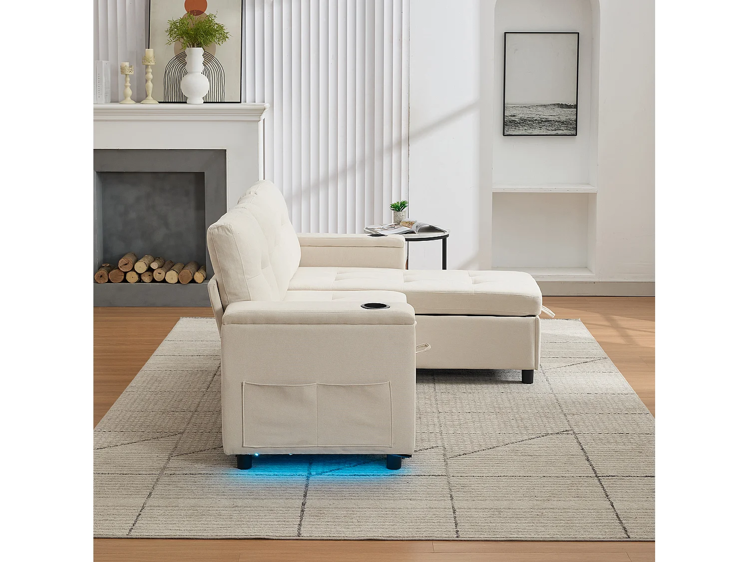 Canapé convertible 3 places - 208 x 146 x 89.5 cm - avec rangement intégré + Leds - Tissu - beige