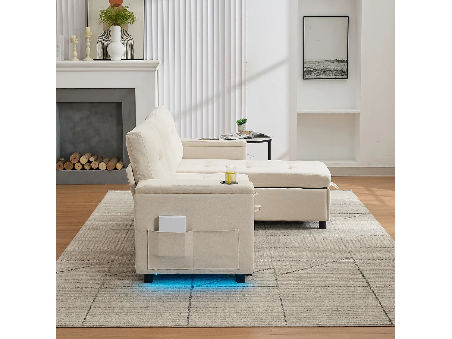 Canapé convertible 3 places - 208 x 146 x 89.5 cm - avec rangement intégré + Leds - Tissu - beige