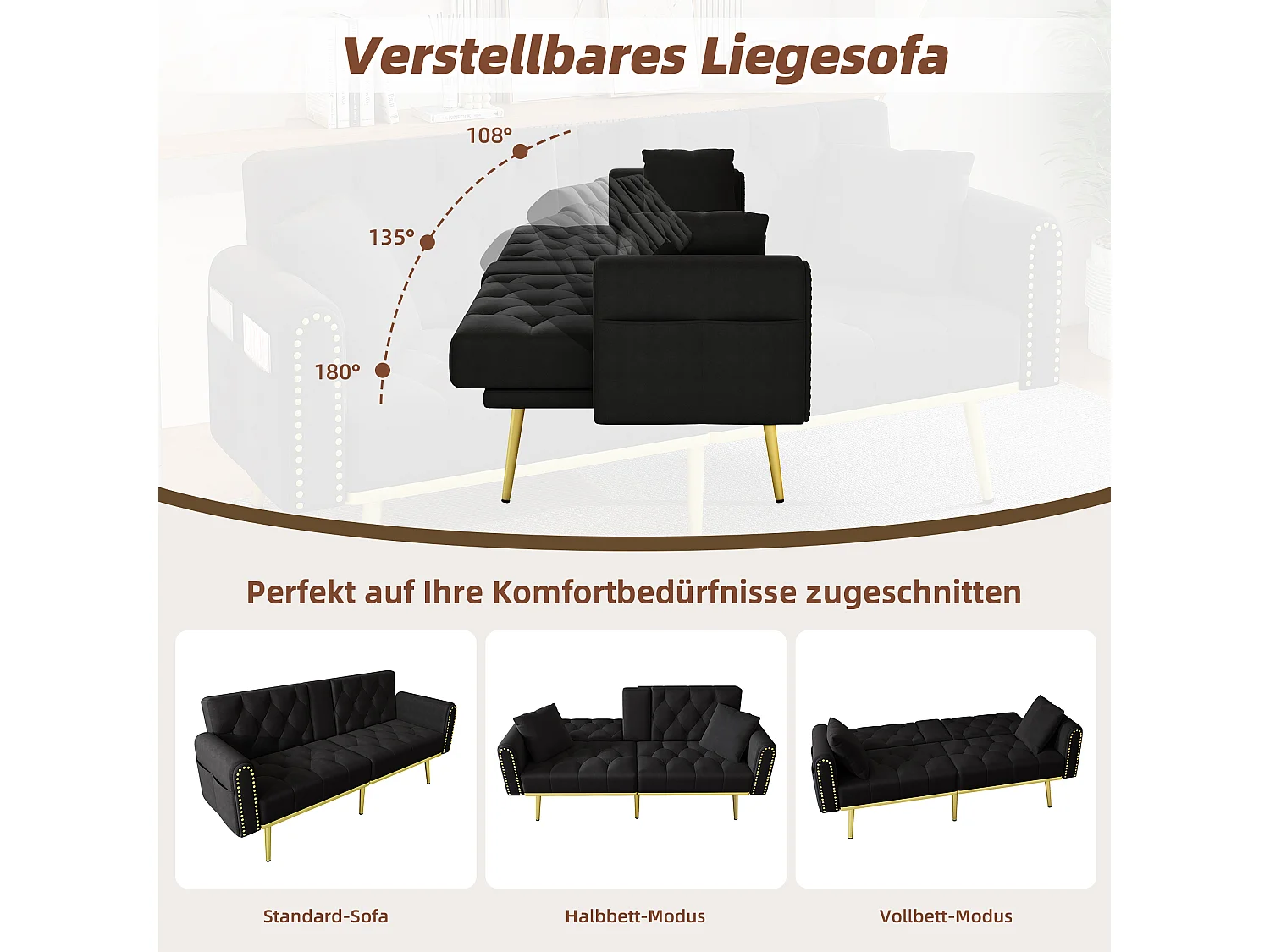 Canapé convertible 2 places - 175 x 80 x 73.5 cm - 3 positions d'inclinaison et avec porte-gobelets - velours - noir