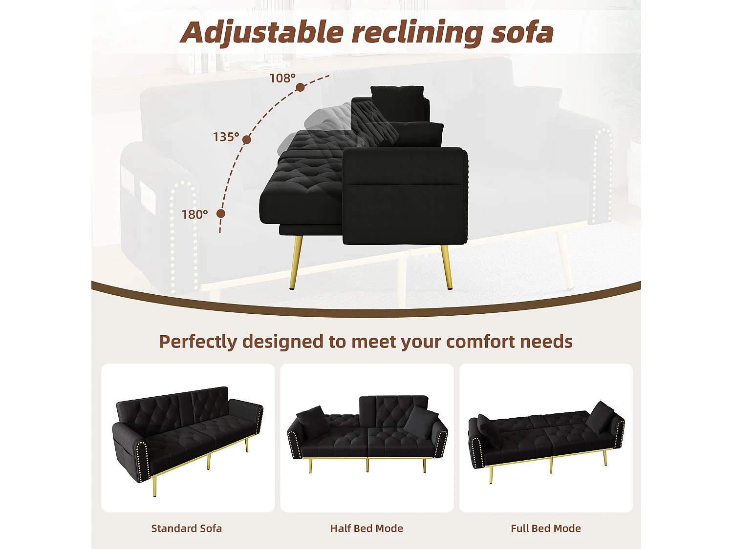 Canapé convertible 2 places - 175 x 80 x 73.5 cm - 3 positions d'inclinaison et avec porte-gobelets - velours - noir