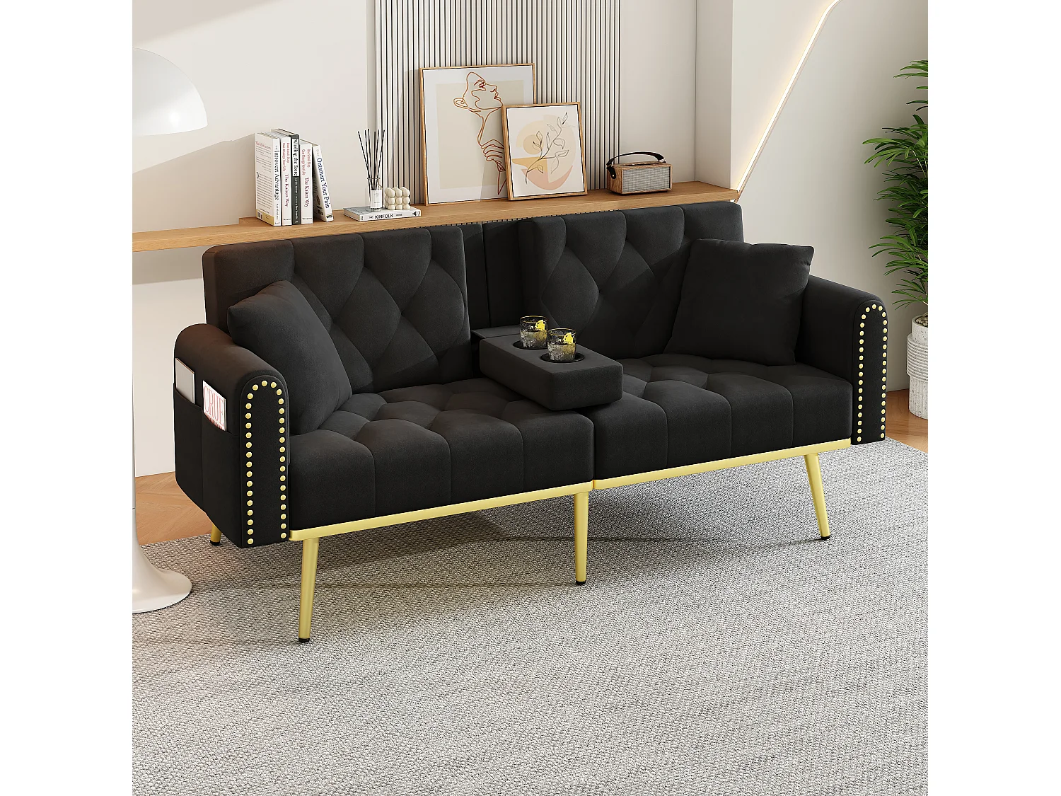 Divano letto 2 posti - 175 x 80 x 73,5 cm - 3 posizioni di reclinazione e con portabicchieri - velluto - nero