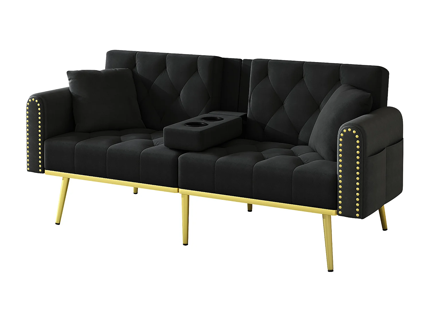 Divano letto 2 posti - 175 x 80 x 73,5 cm - 3 posizioni di reclinazione e con portabicchieri - velluto - nero