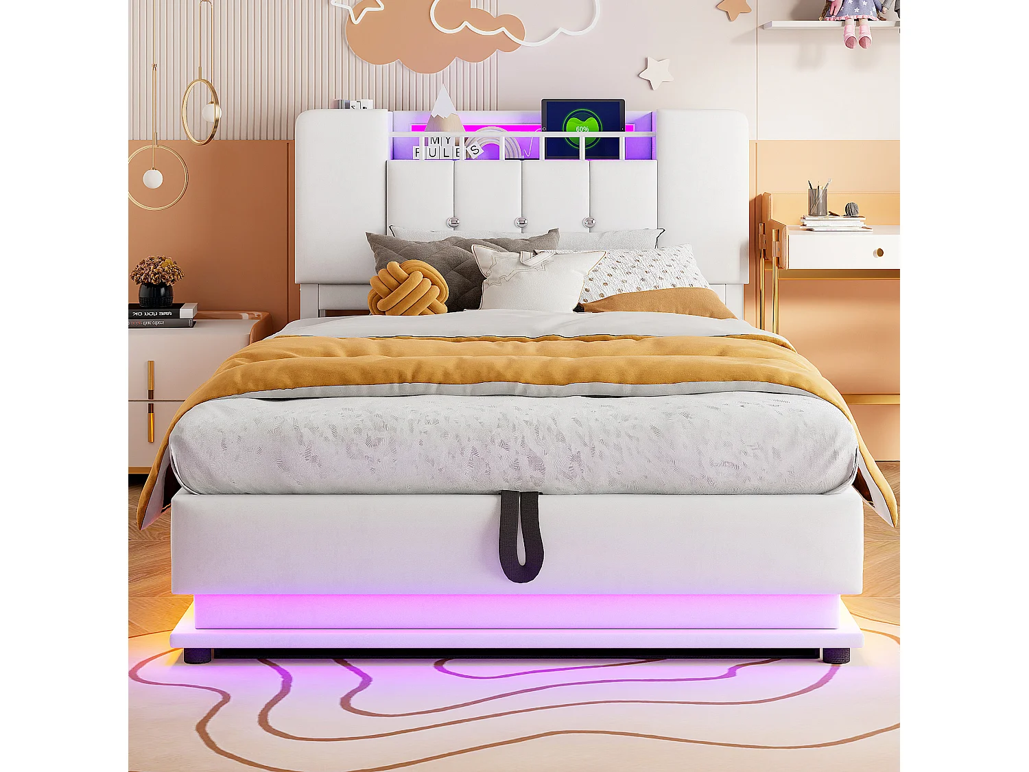 Lit coffre pour enfant - 90 x 200 cm - avec Leds +  USB + tête de lit avec rangement - structure en métal - MDF - beige