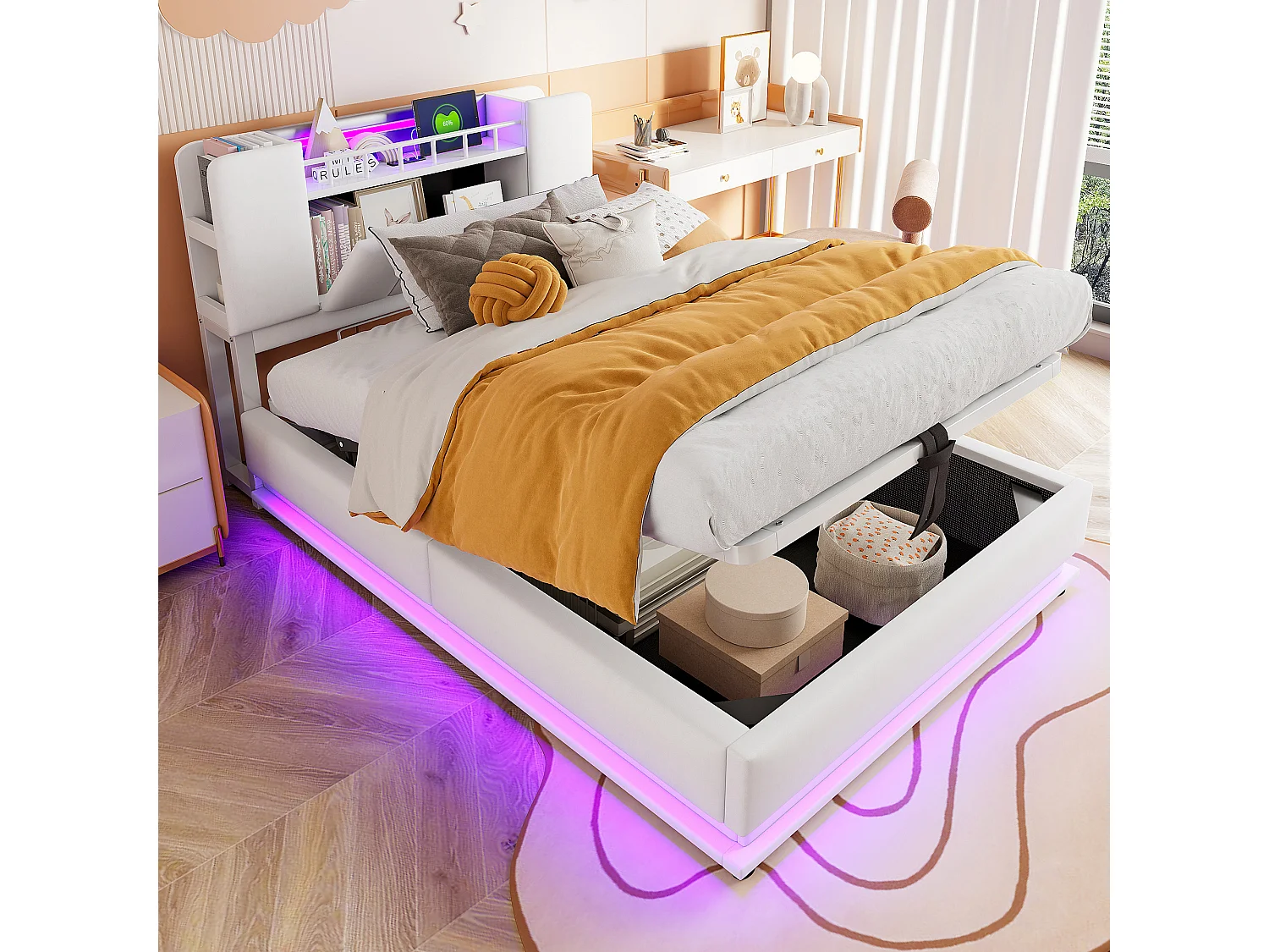 Lit coffre pour enfant - 90 x 200 cm - avec Leds +  USB + tête de lit avec rangement - structure en métal - MDF - beige
