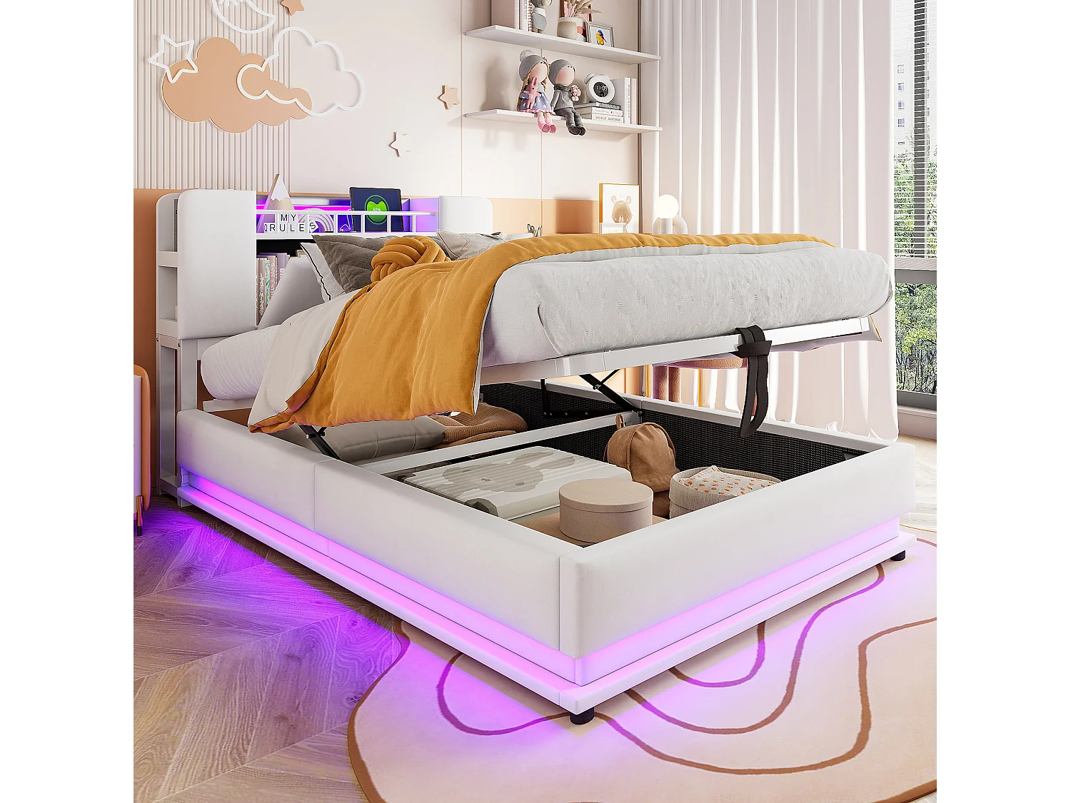 Lit coffre pour enfant - 90 x 200 cm - avec Leds +  USB + tête de lit avec rangement - structure en métal - MDF - beige