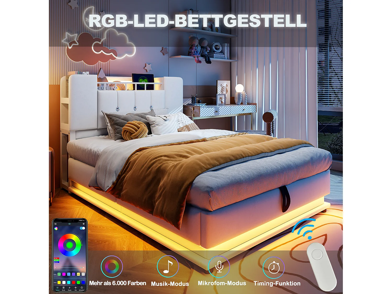 Lit coffre pour enfant - 90 x 200 cm - avec Leds +  USB + tête de lit avec rangement - structure en métal - MDF - beige