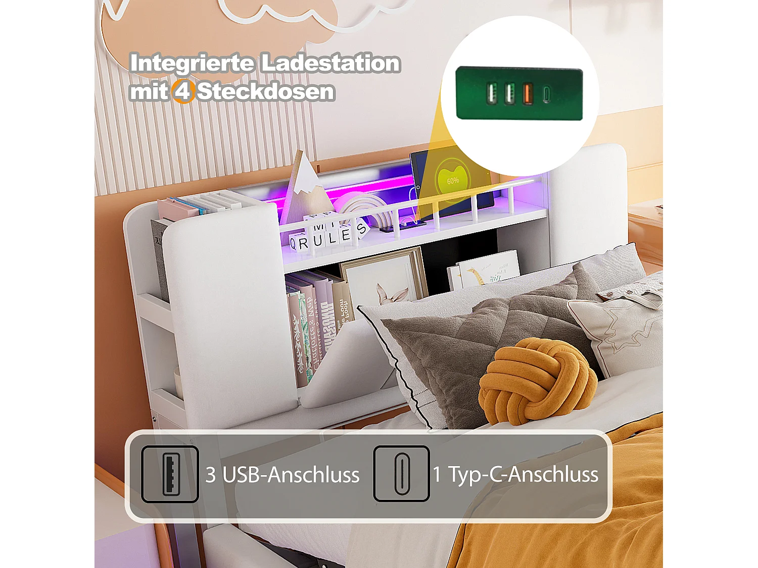 Lit coffre pour enfant - 90 x 200 cm - avec Leds +  USB + tête de lit avec rangement - structure en métal - MDF - beige