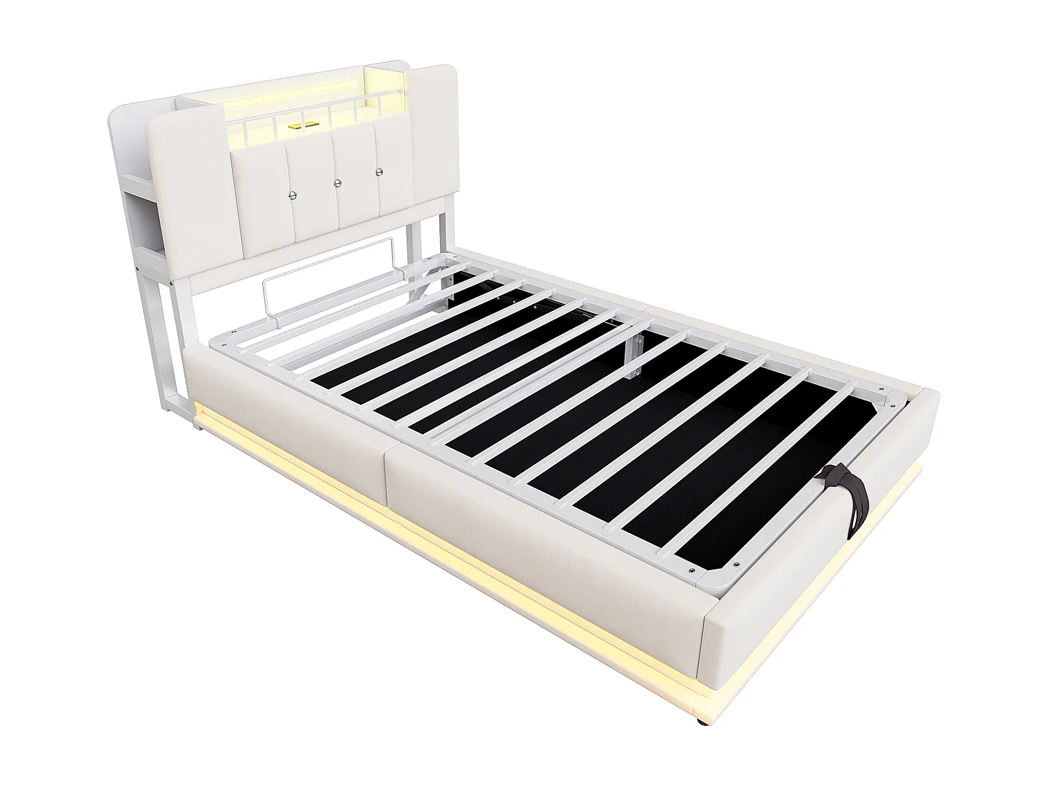 Lit coffre pour enfant - 90 x 200 cm - avec Leds +  USB + tête de lit avec rangement - structure en métal - MDF - beige