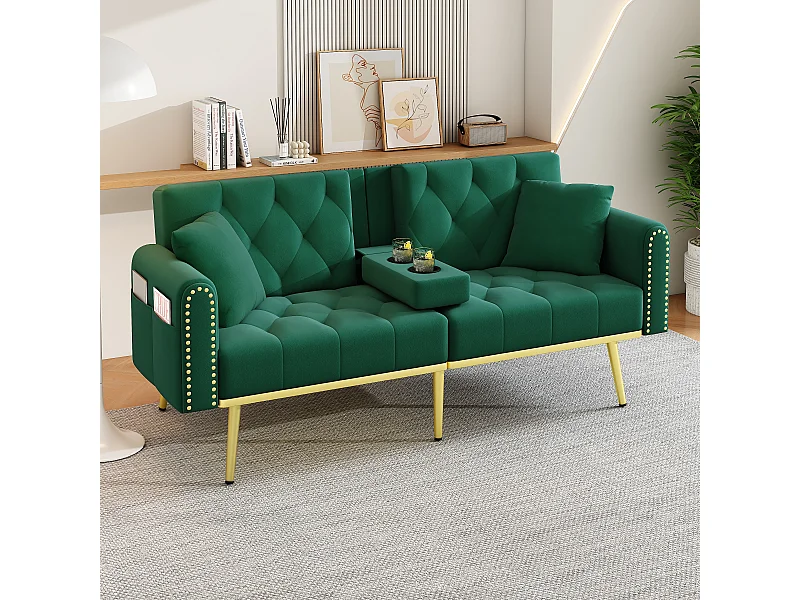 Canapé convertible 2 places - 175 x 80 x 73.5 cm - 3 positions d'inclinaison et avec porte-gobelets - velours - vert