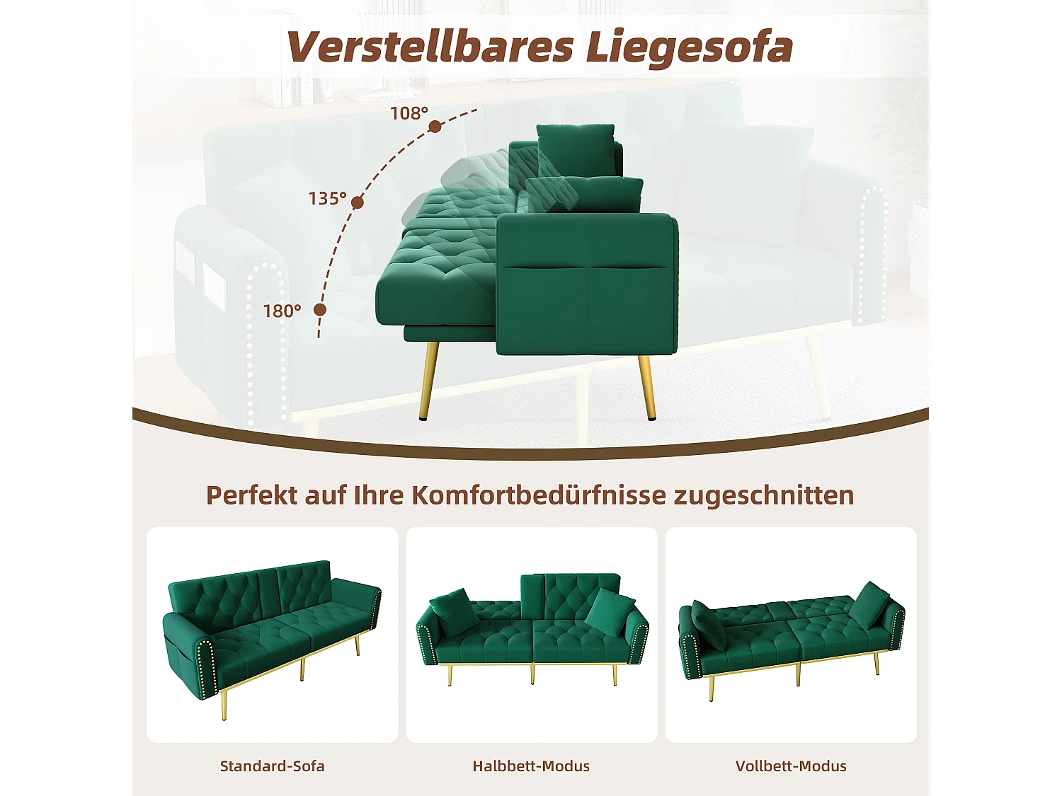 Canapé convertible 2 places - 175 x 80 x 73.5 cm - 3 positions d'inclinaison et avec porte-gobelets - velours - vert