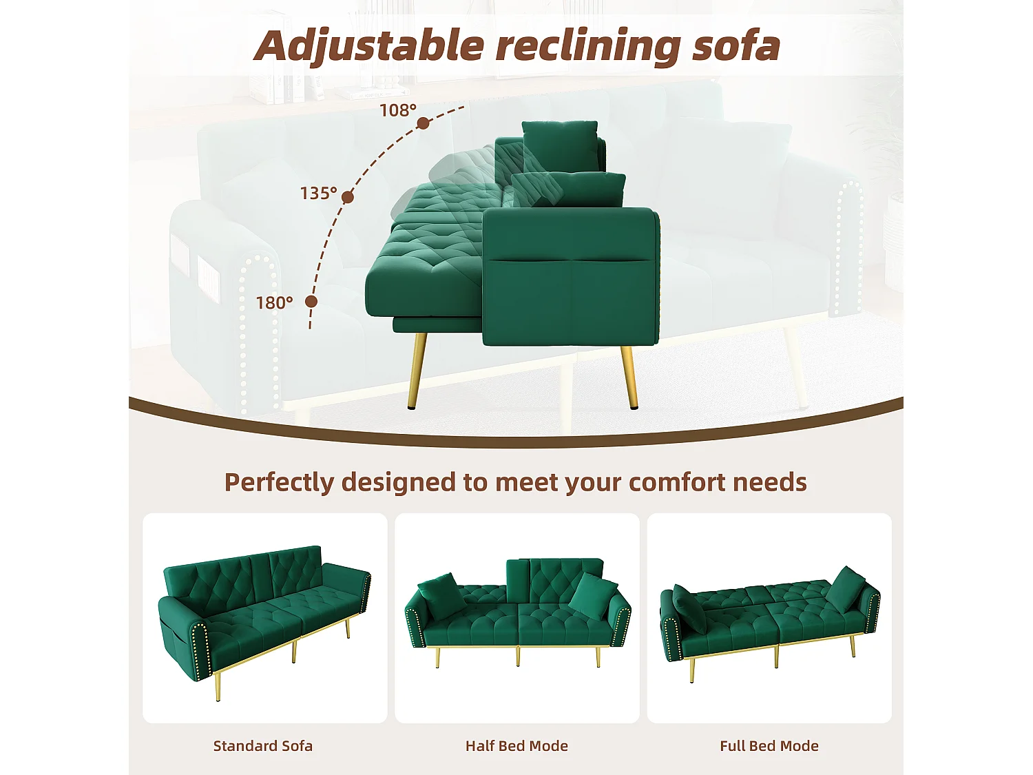 Canapé convertible 2 places - 175 x 80 x 73.5 cm - 3 positions d'inclinaison et avec porte-gobelets - velours - vert