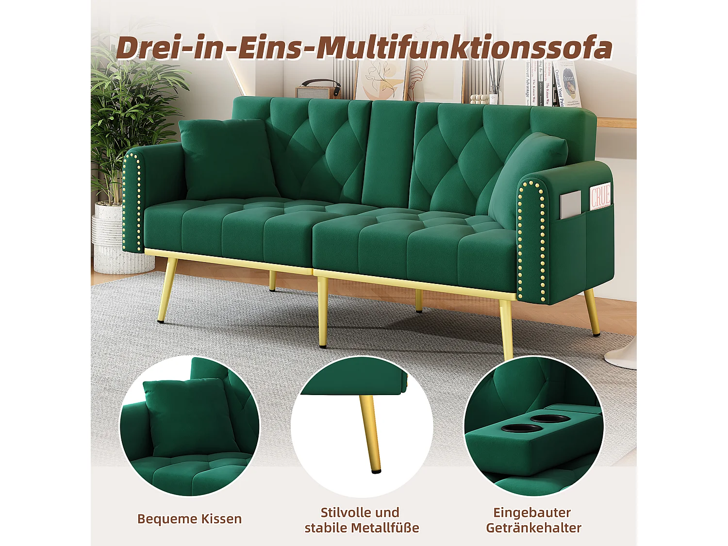 Divano letto 2 posti - 175 x 80 x 73,5 cm - 3 posizioni di reclinazione e con portabicchieri - velluto - verde