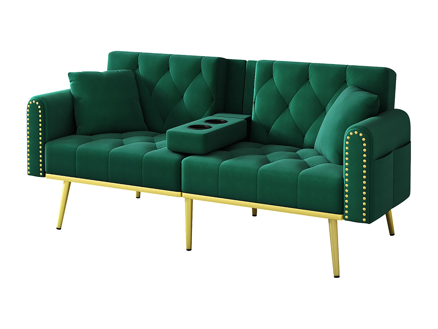 Divano letto 2 posti - 175 x 80 x 73,5 cm - 3 posizioni di reclinazione e con portabicchieri - velluto - verde