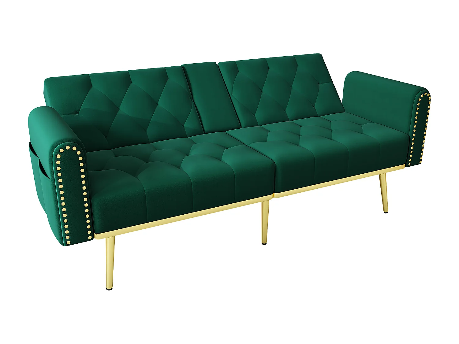 Divano letto 2 posti - 175 x 80 x 73,5 cm - 3 posizioni di reclinazione e con portabicchieri - velluto - verde
