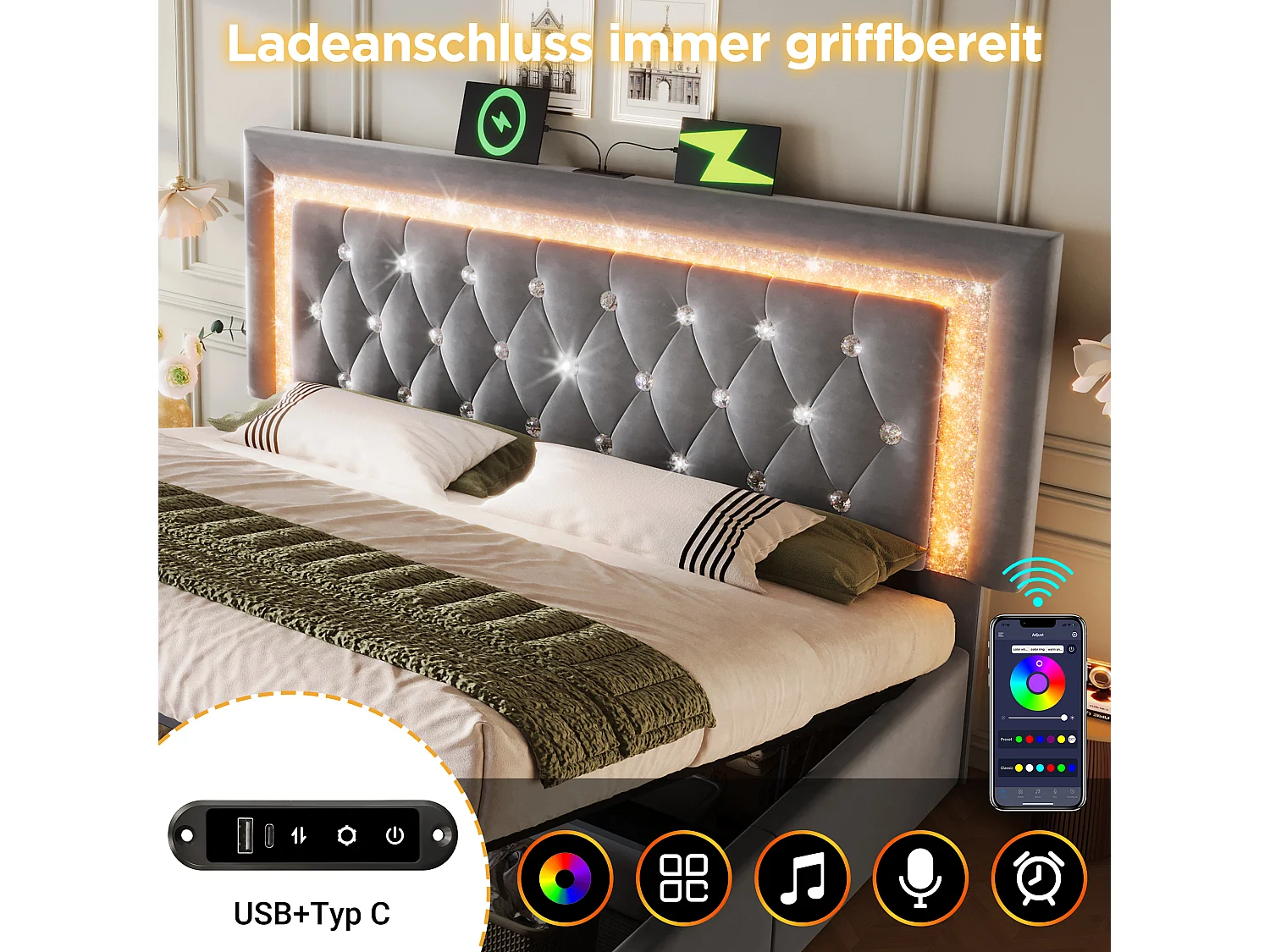 Gepolstertes Doppelbett mit Stauraum – 160 x 200 cm – Kopfteil mit LEDs sowie USB- und Typ-C-Anschlüssen – hydraulischer Stauraum – Samt – grau