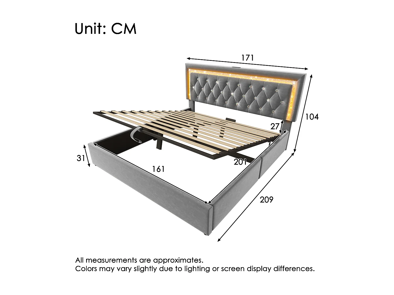 Polstret dobbeltseng med opbevaring - 160 x 200 cm - hovedgærde med LED'er + USB- og Type-C-porte - hydraulisk opbevaring - fløjl - grå