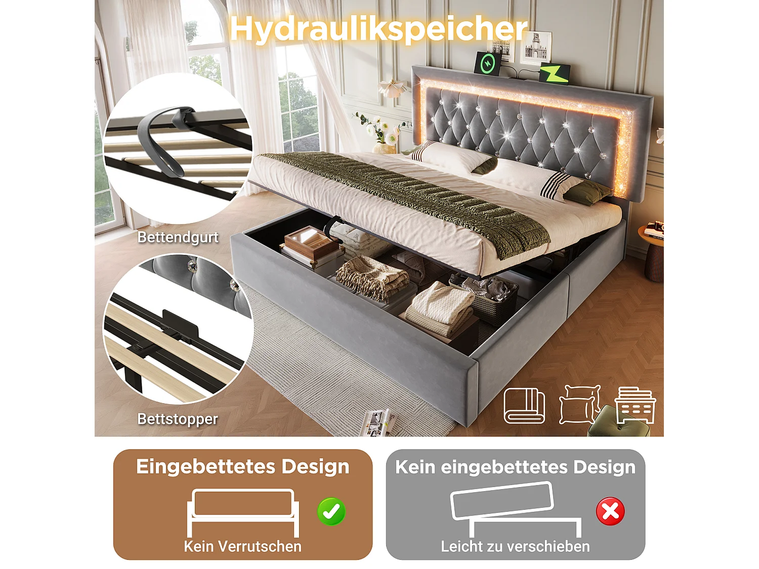 Polstret dobbeltseng med opbevaring - 160 x 200 cm - hovedgærde med LED'er + USB- og Type-C-porte - hydraulisk opbevaring - fløjl - grå