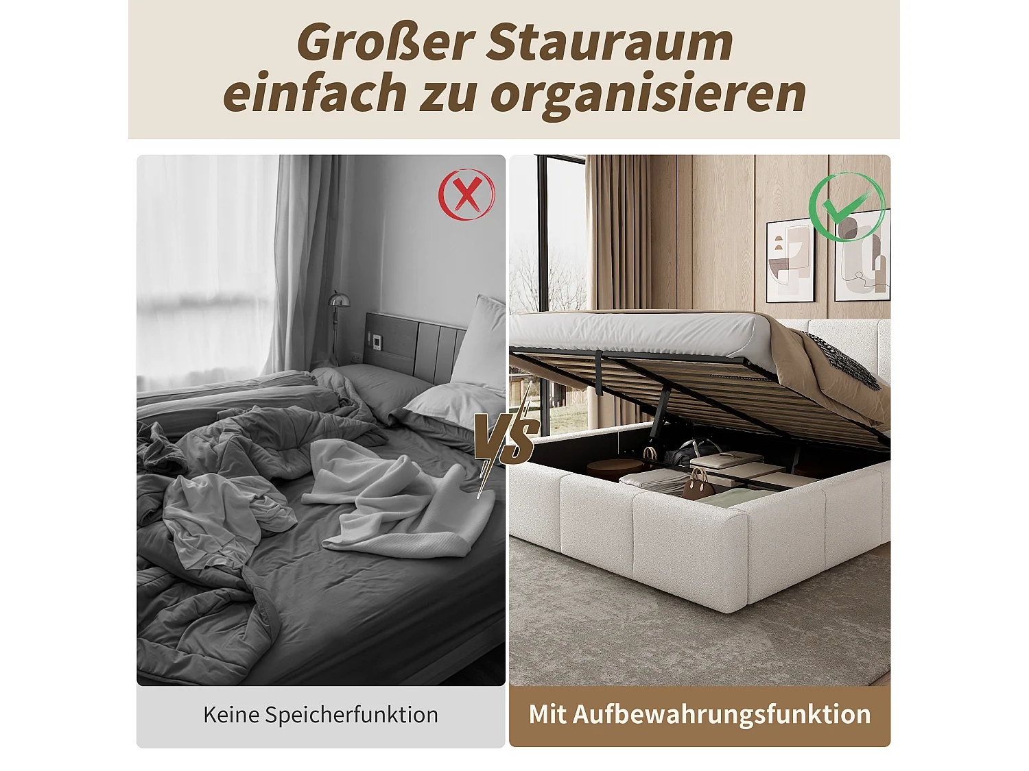 Gepolstertes Doppelbett mit Stauraum – 180 x 200 cm – hydraulischer Stauraum – mit Lattenrost und Kopfteil – Schnallenverschluss – beige