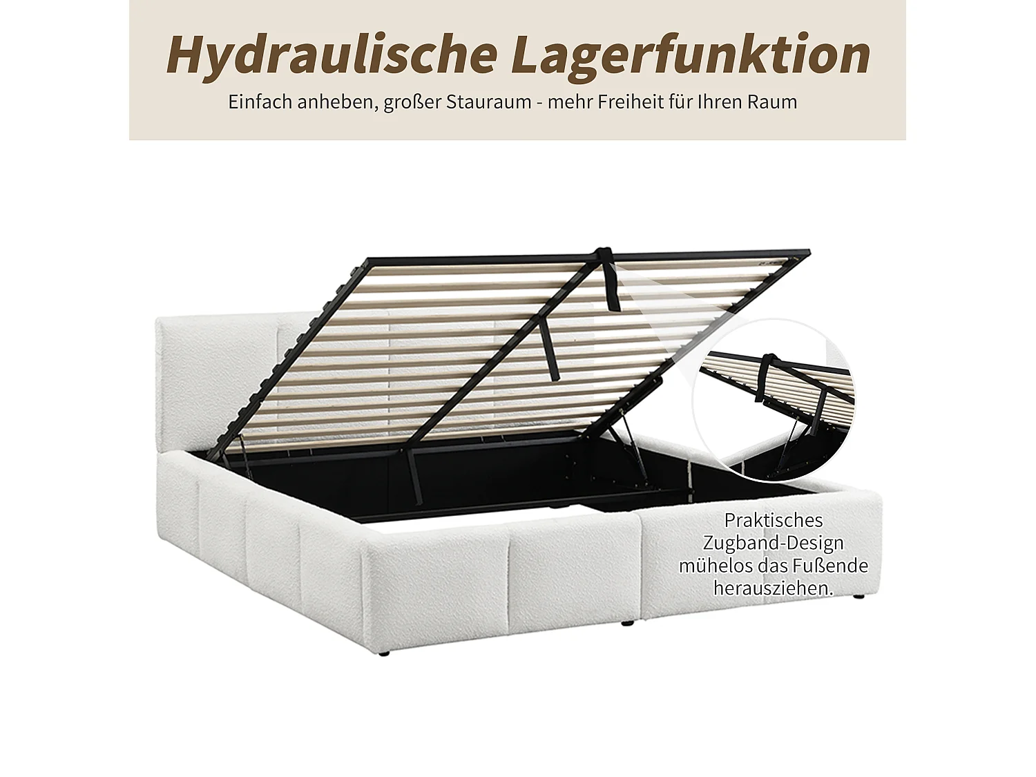 Gepolstertes Doppelbett mit Stauraum – 180 x 200 cm – hydraulischer Stauraum – mit Lattenrost und Kopfteil – Schnallenverschluss – beige
