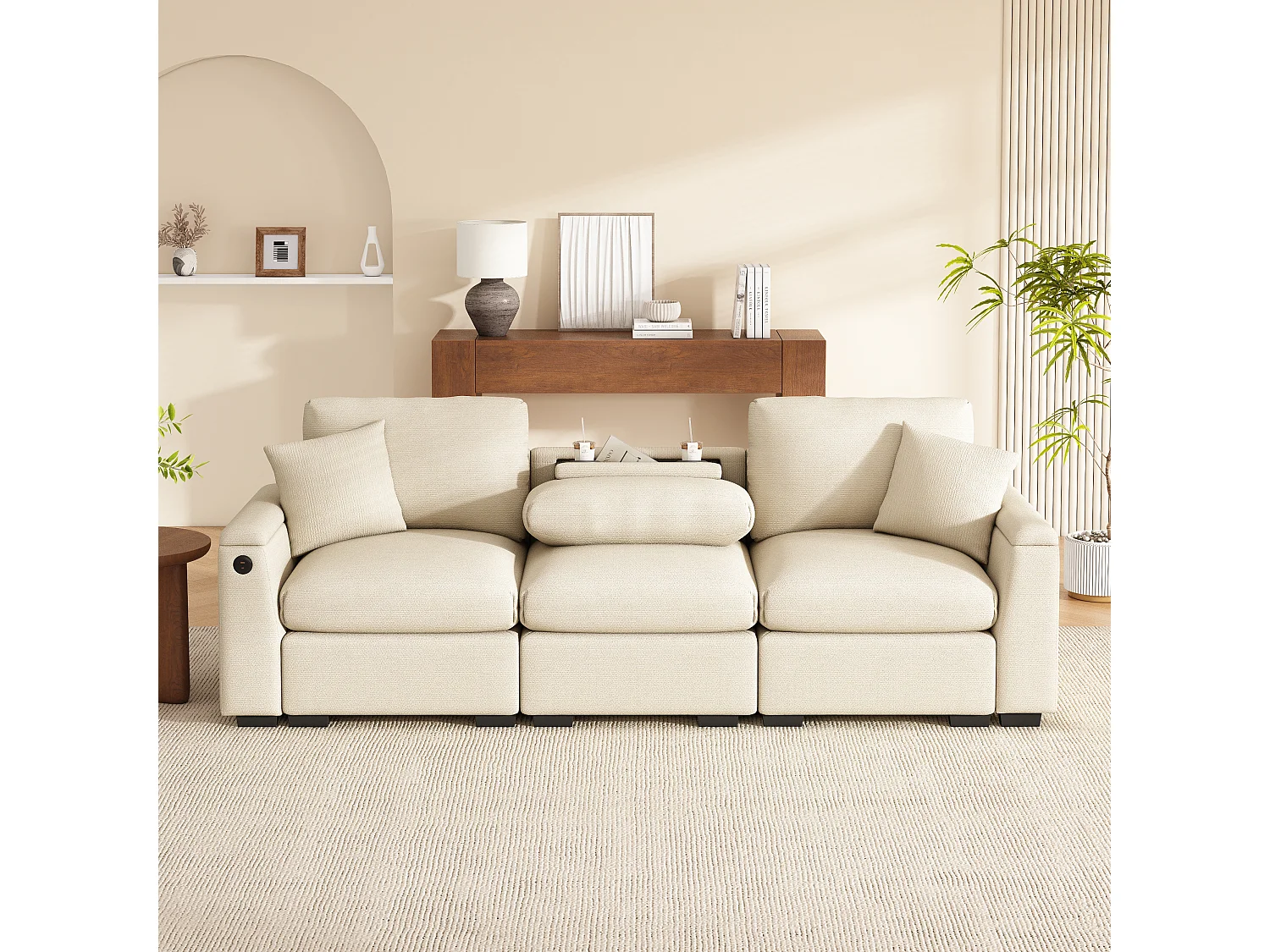 Sofá de 3 plazas - 242 x 88 x 80 cm - con mesa plegable + puerto USB + almacenaje oculto - terciopelo - beige