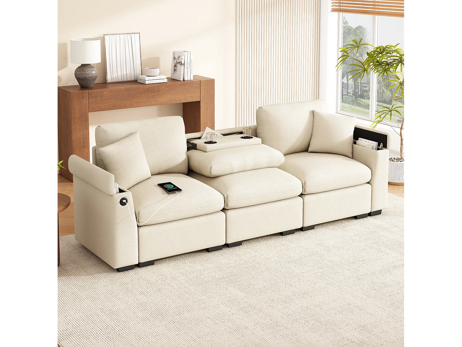 Sofá de 3 plazas - 242 x 88 x 80 cm - con mesa plegable + puerto USB + almacenaje oculto - terciopelo - beige