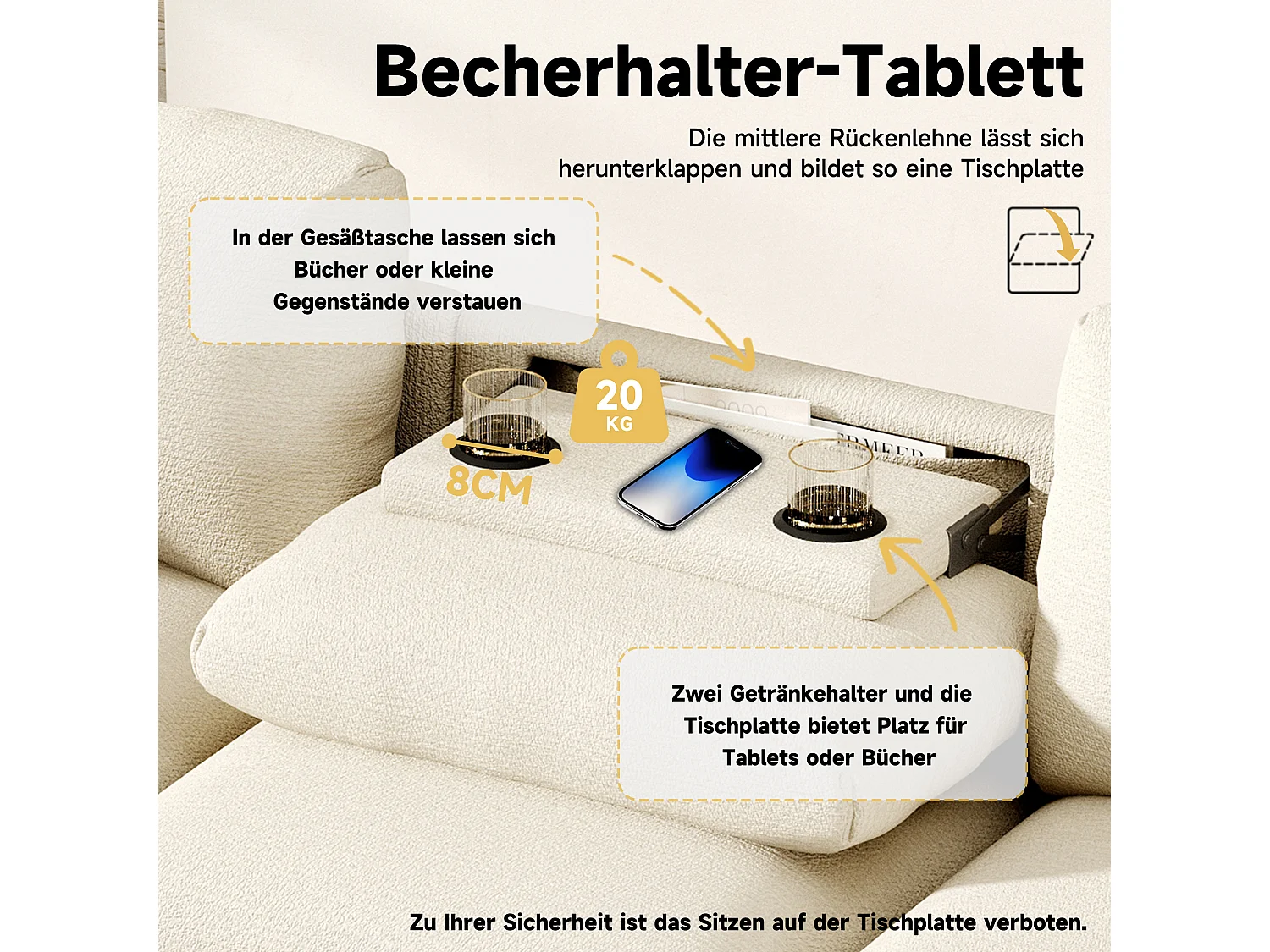 Sofá de 3 plazas - 242 x 88 x 80 cm - con mesa plegable + puerto USB + almacenaje oculto - terciopelo - beige