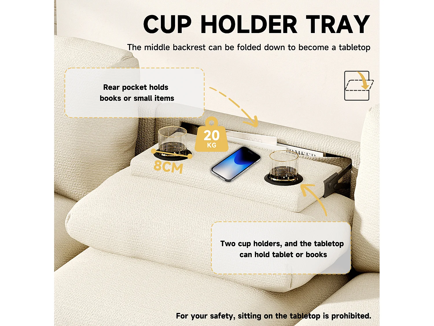 Sofá de 3 plazas - 242 x 88 x 80 cm - con mesa plegable + puerto USB + almacenaje oculto - terciopelo - beige