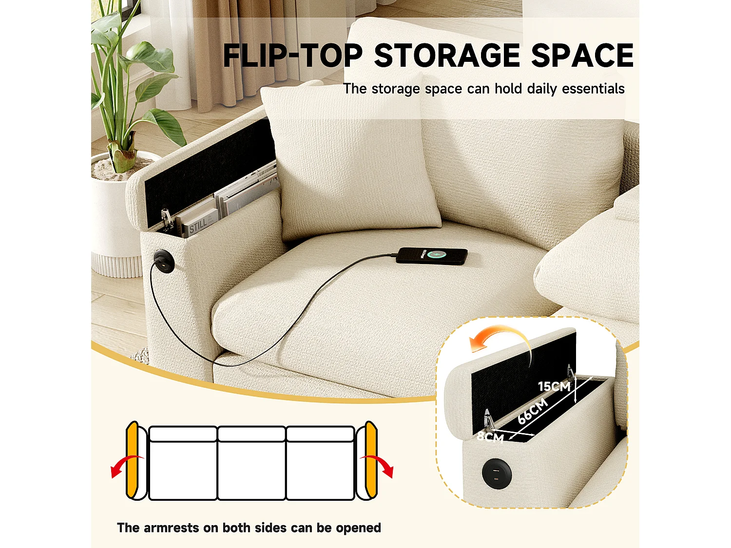 Sofá de 3 plazas - 242 x 88 x 80 cm - con mesa plegable + puerto USB + almacenaje oculto - terciopelo - beige