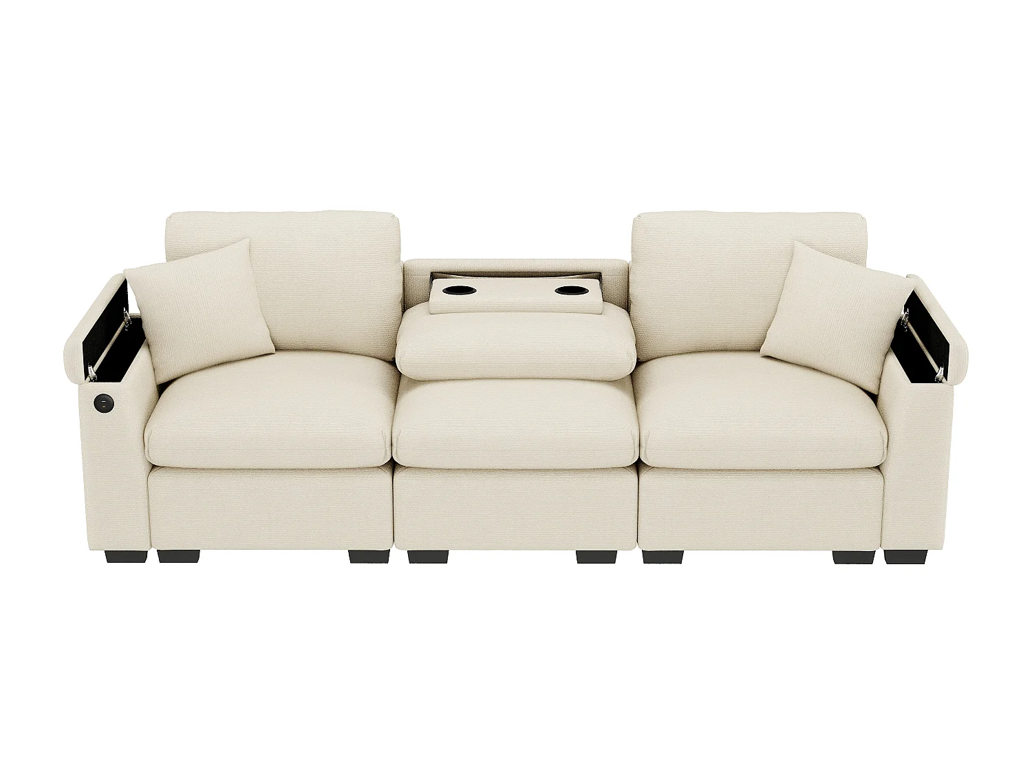 Sofá de 3 plazas - 242 x 88 x 80 cm - con mesa plegable + puerto USB + almacenaje oculto - terciopelo - beige