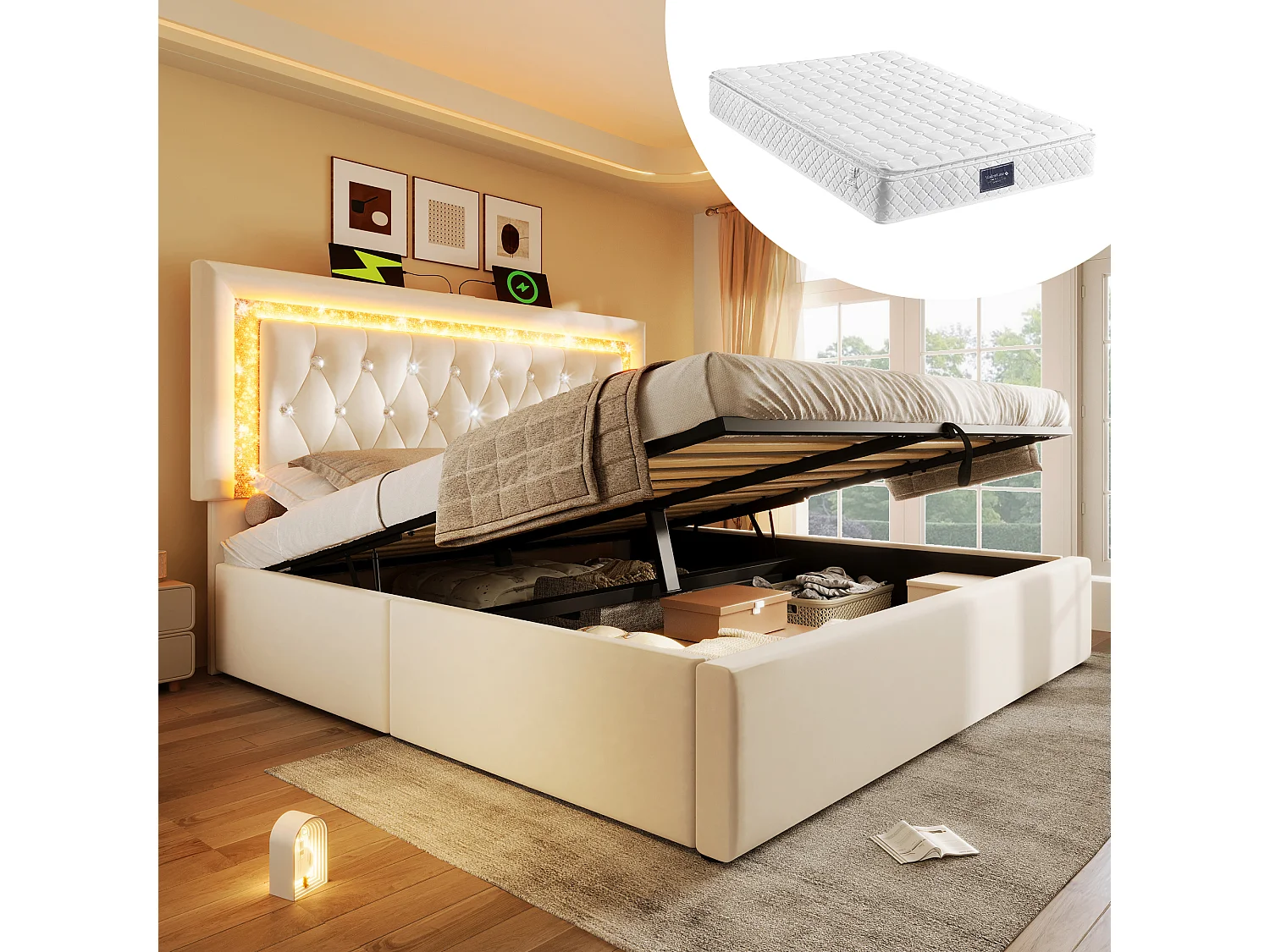 Lit coffre double capitonné - 160 x 200 cm - tête de lit avec Leds + USB et Type-C - rangement hydraulique - velours - beige(avec matelas)