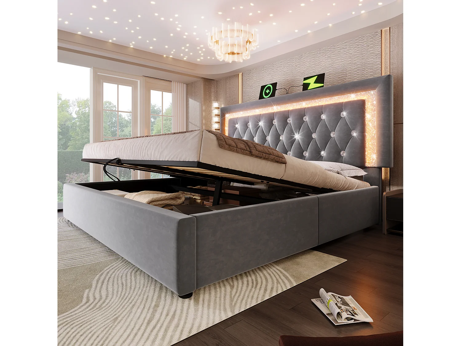 Gepolstertes Doppelbett mit Stauraum – 140 x 200 cm – Kopfteil mit LEDs sowie USB- und USB-C-Anschlüssen – hydraulischer Stauraum – Samt – grau