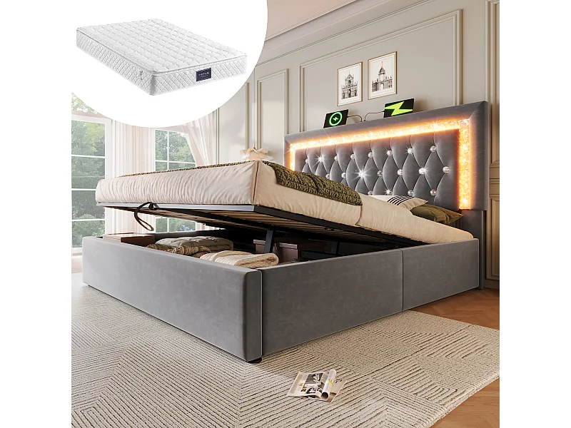 Lit coffre double capitonné - 160 x 200 cm - tête de lit avec Leds + USB et Type-C - rangement hydraulique - velours - gris(avec matelas)