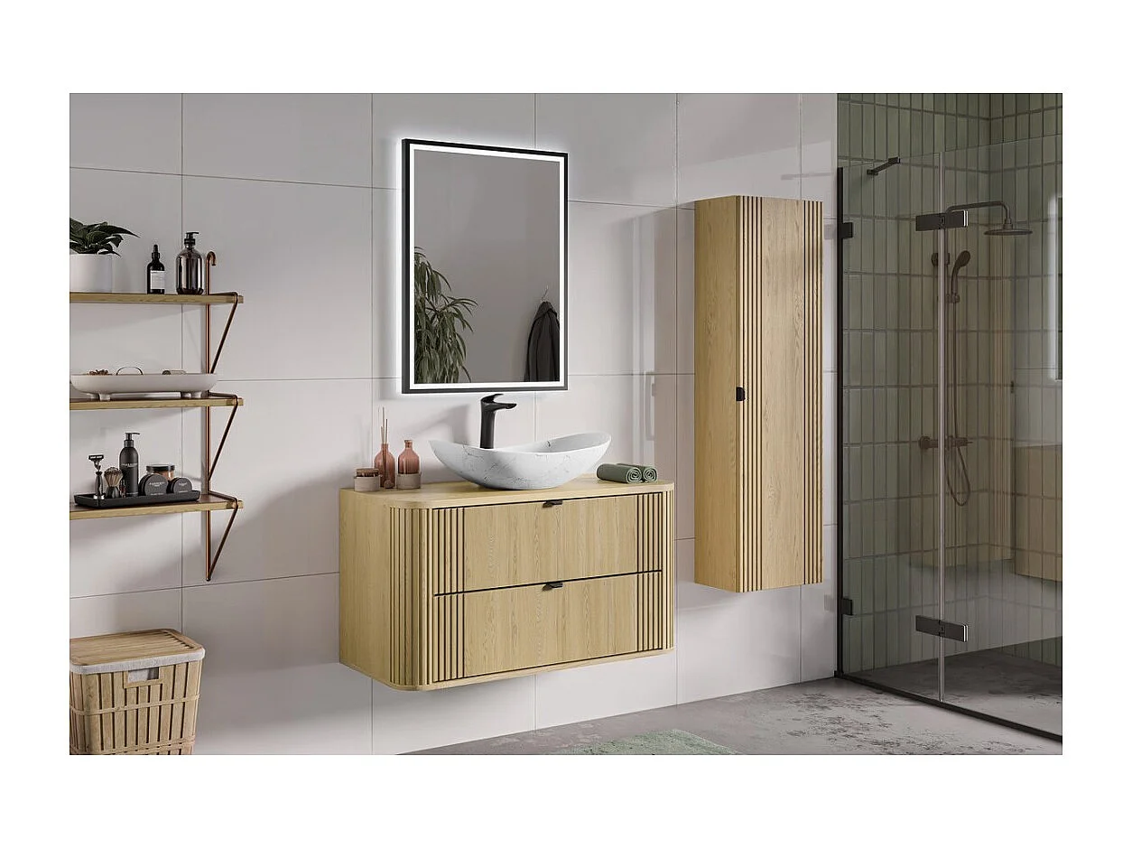 Colonne de salle de bain KORI 140 cm chêne clair – Rangement suspendu 1 porte