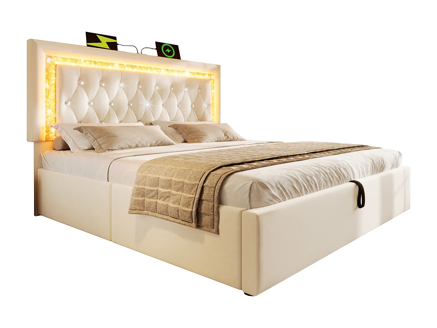 Lit coffre double capitonné - 160 x 200 cm - tête de lit avec Leds + USB et Type-C - rangement hydraulique - velours - beige