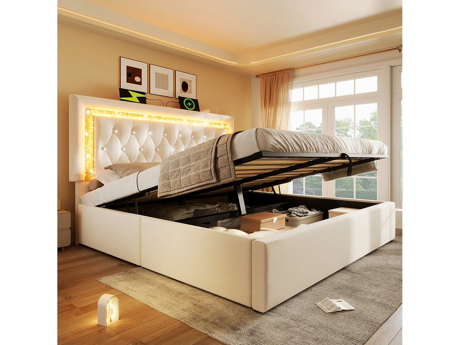 Lit coffre double capitonné - 160 x 200 cm - tête de lit avec Leds + USB et Type-C - rangement hydraulique - velours - beige