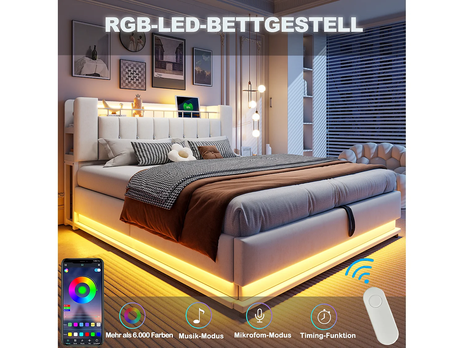 Lit coffre pour enfant - 180 x 200 cm - avec Leds +  USB + tête de lit avec rangement - structure en métal - MDF - beige