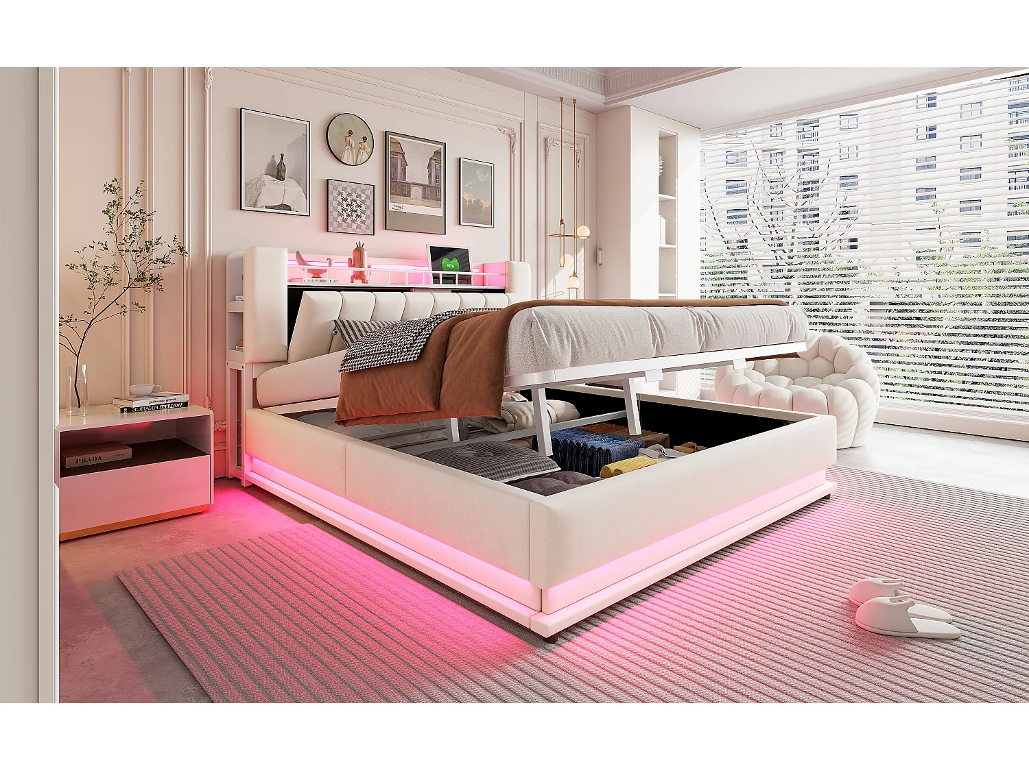 Lit coffre pour enfant - 180 x 200 cm - avec Leds +  USB + tête de lit avec rangement - structure en métal - MDF - beige