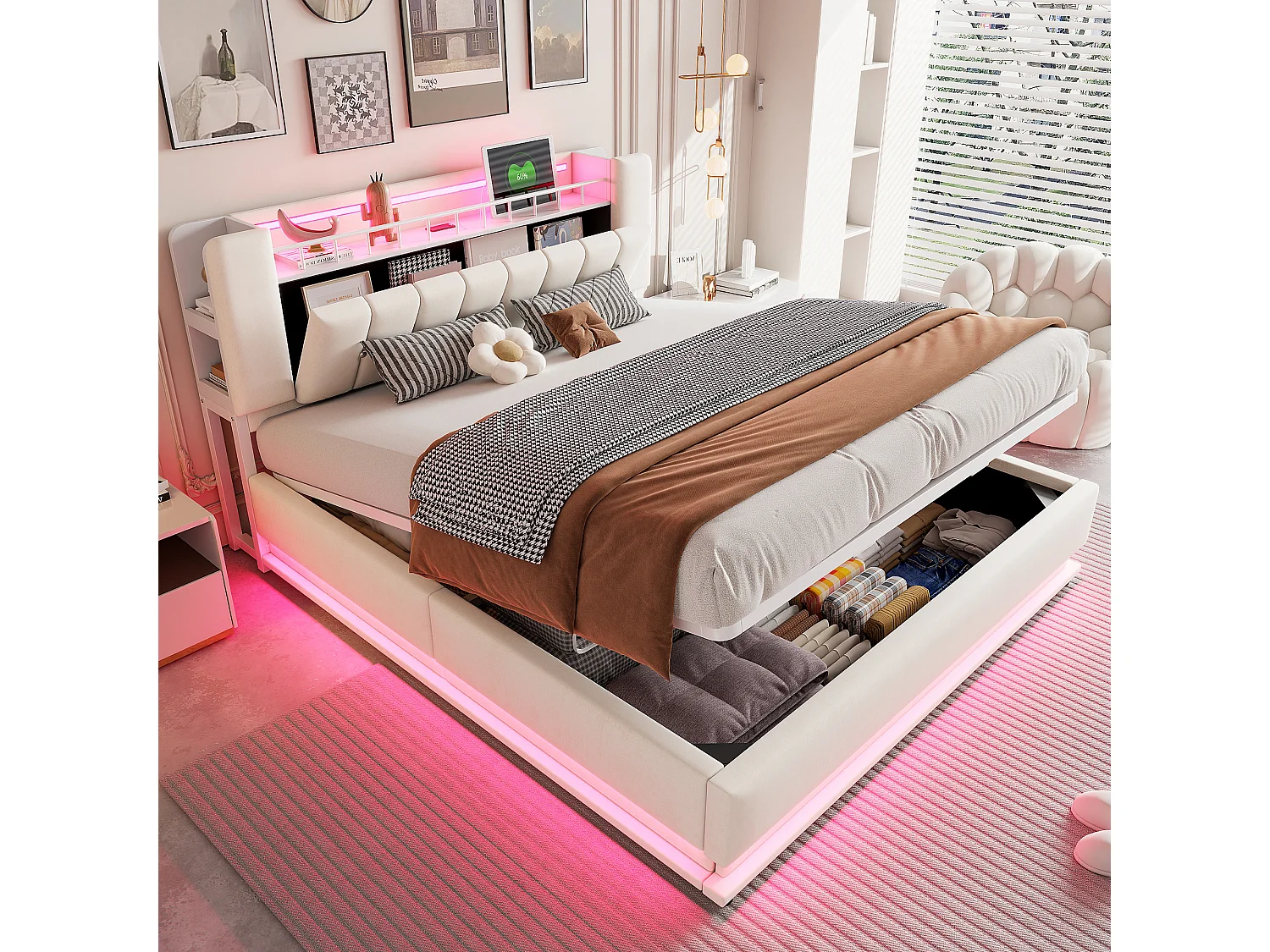 Kinderbett mit Stauraum – 180 x 200 cm – mit LED-Beleuchtung, USB-Anschluss und Kopfteil mit Stauraum – Metallrahmen – MDF – beige