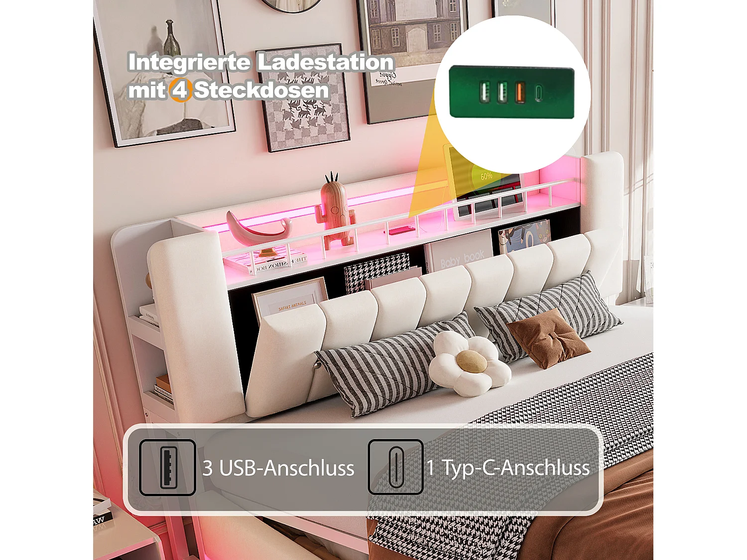 Kinderbett mit Stauraum – 180 x 200 cm – mit LED-Beleuchtung, USB-Anschluss und Kopfteil mit Stauraum – Metallrahmen – MDF – beige