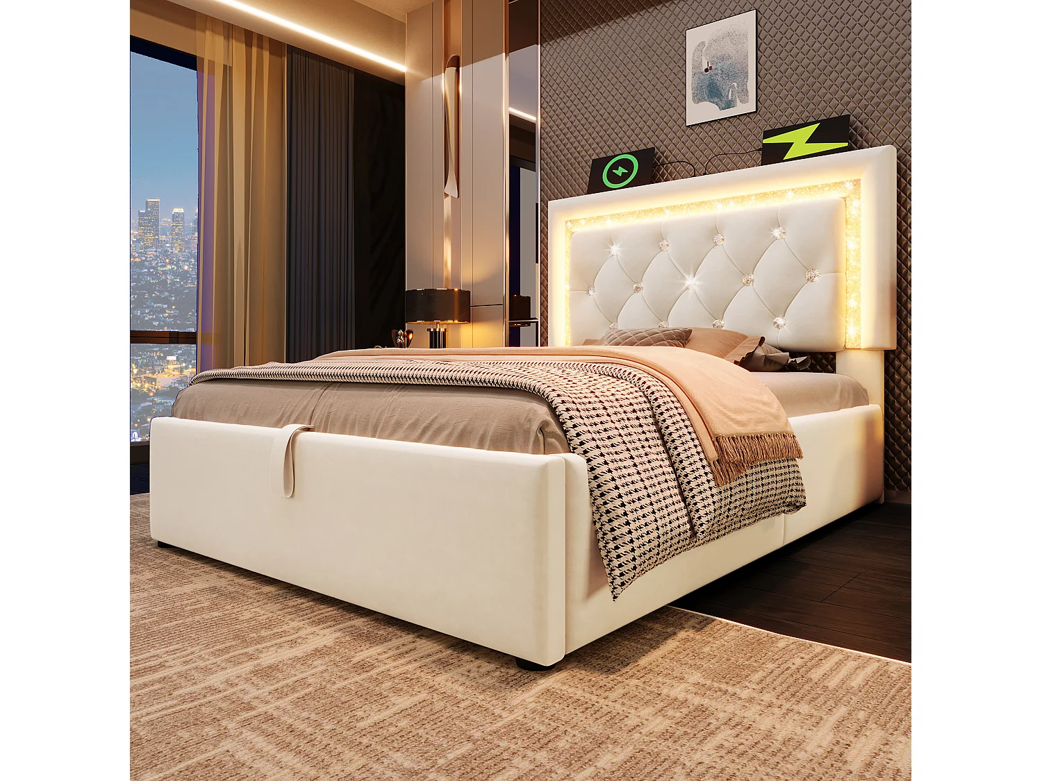 Gepolstertes Einzelbett mit Stauraum – 90 x 200 cm – Kopfteil mit LEDs sowie USB- und Typ-C-Anschlüssen – hydraulischer Stauraum – Samt – beige