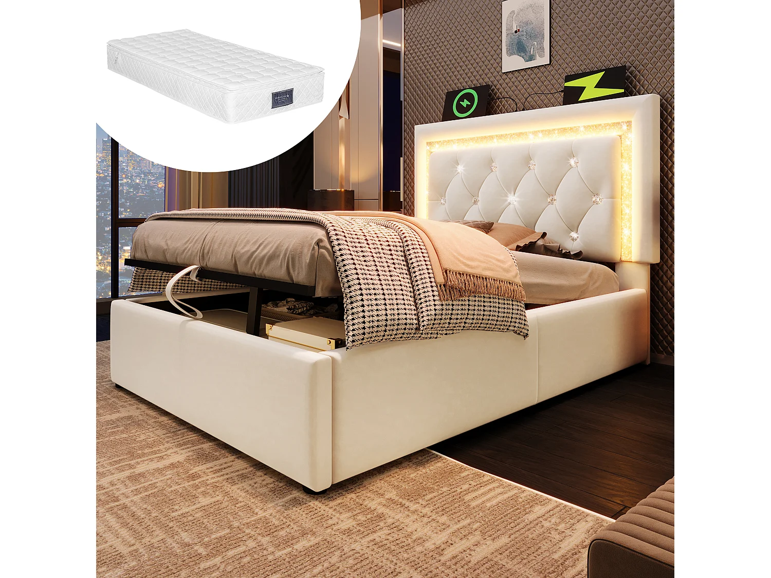 Cama de solteiro estofada com arrumação - 90 x 200 cm - cabeceira com LEDs + portas USB e Tipo-C - arrumação hidráulica - veludo - bege (com colchão)