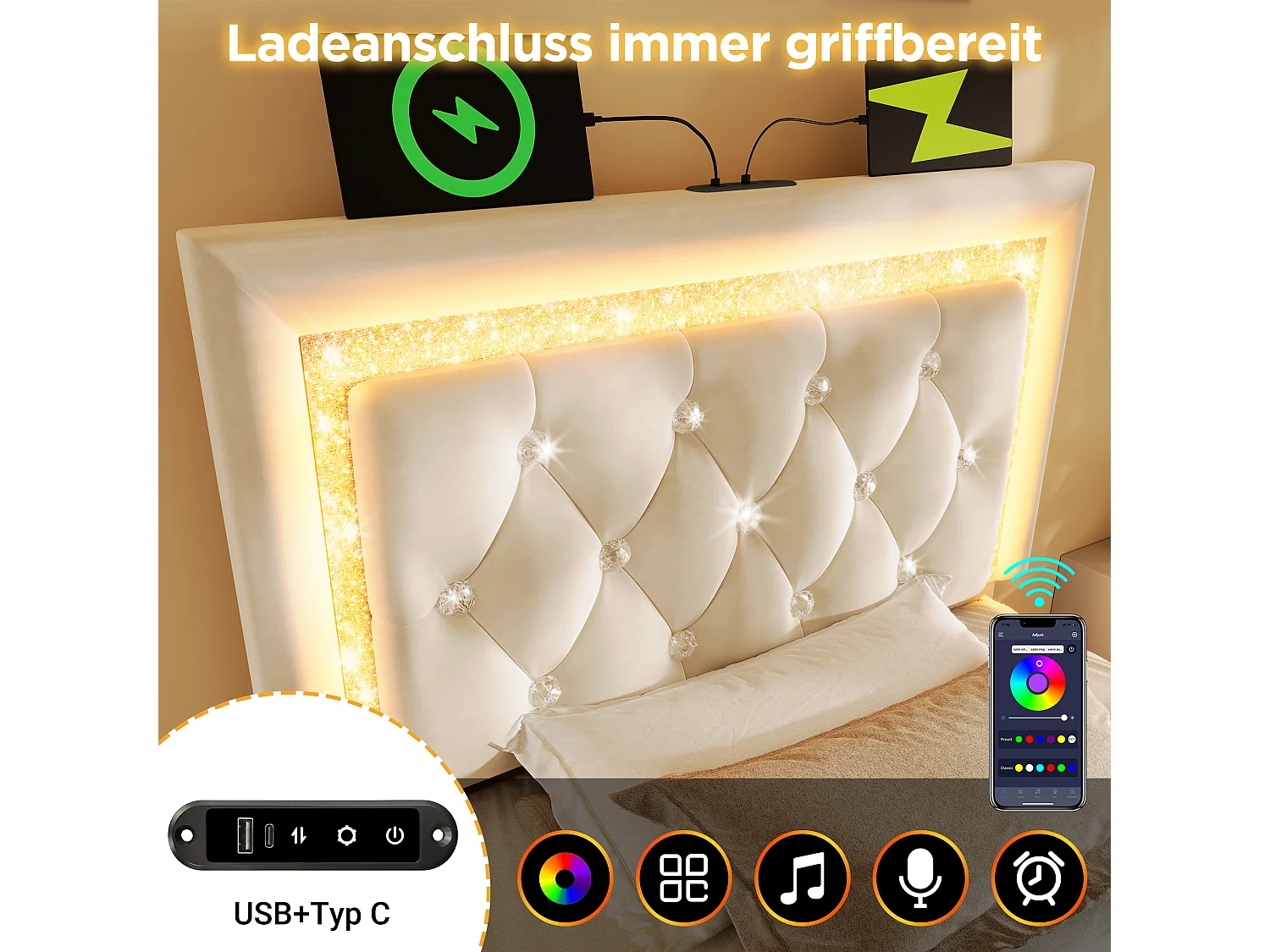 Letto singolo contenitore imbottito - 90 x 200 cm - testiera con LED + porte USB e Type-C - contenitore idraulico - velluto - beige (con materasso)