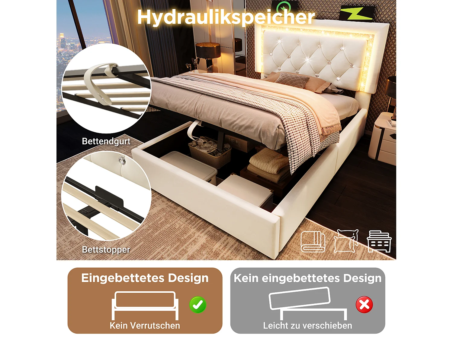 Letto singolo contenitore imbottito - 90 x 200 cm - testiera con LED + porte USB e Type-C - contenitore idraulico - velluto - beige (con materasso)