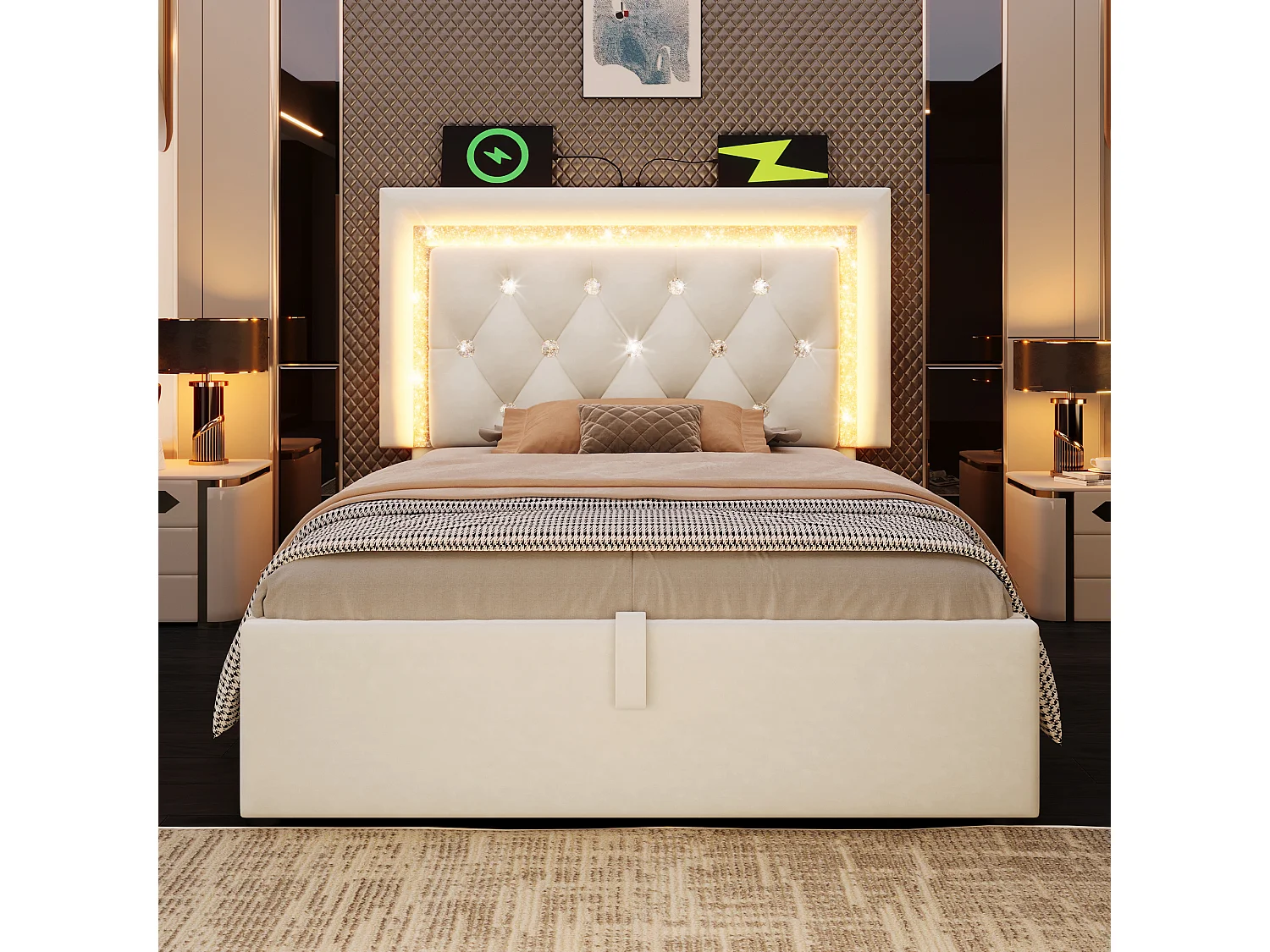 Letto singolo contenitore imbottito - 90 x 200 cm - testiera con LED + porte USB e Type-C - contenitore idraulico - velluto - beige (con materasso)