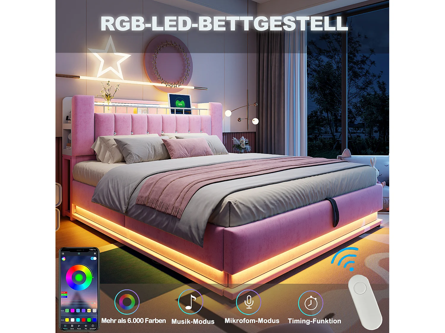 Lit coffre pour enfant - 180 x 200 cm - avec Leds +  USB + tête de lit avec rangement - structure en métal - MDF - rose