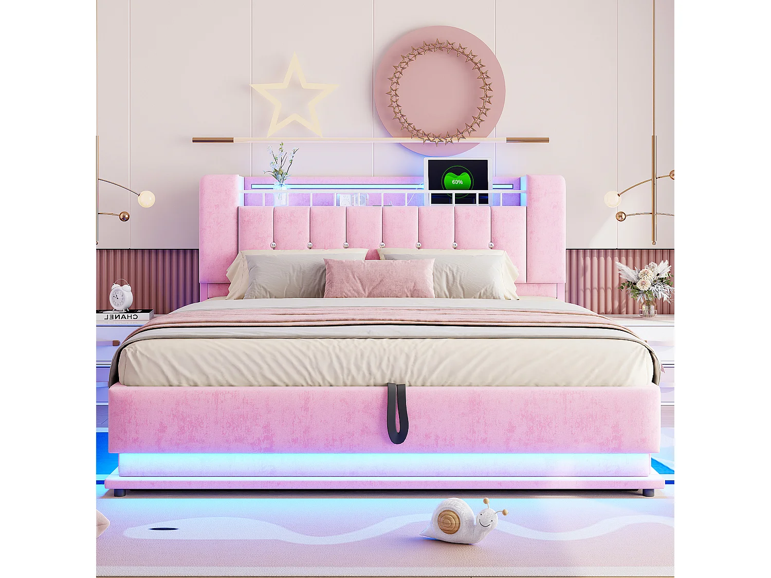 Lit coffre pour enfant - 180 x 200 cm - avec Leds +  USB + tête de lit avec rangement - structure en métal - MDF - rose