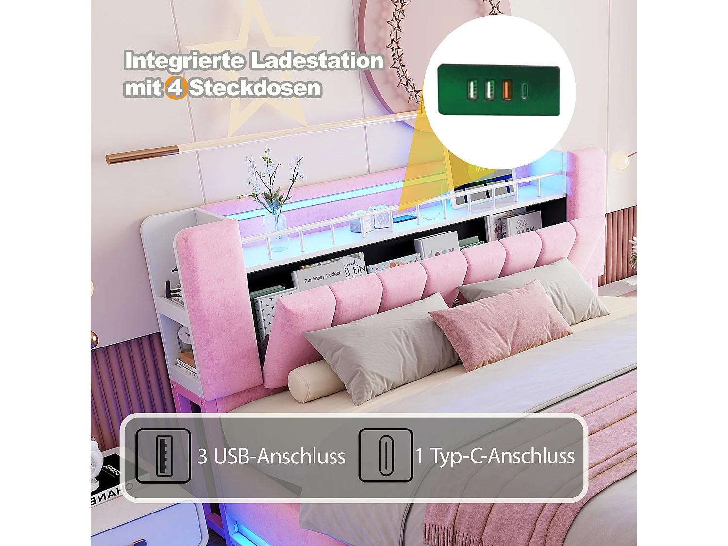 Lit coffre pour enfant - 180 x 200 cm - avec Leds +  USB + tête de lit avec rangement - structure en métal - MDF - rose